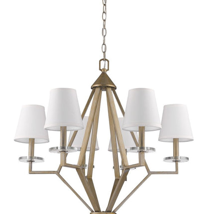 Gold Candle Style Six Light Metal and Crystals Dimmable Chandelier With White Shades