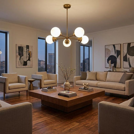 Bronze Five Light Metal Dimmable Chandelier With White Shades