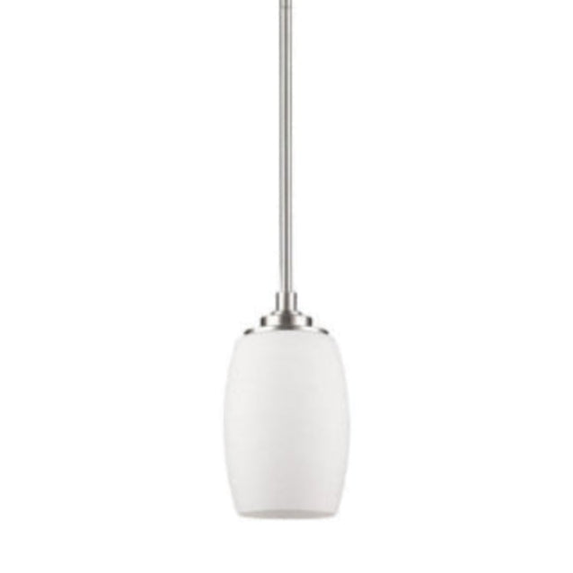Pendant light with white shade and silver fixture on a white background
