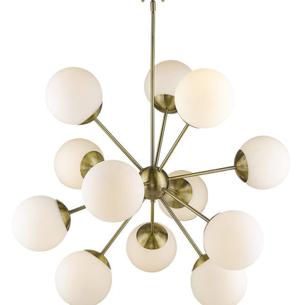 Brass Sputnik Twelve Light Frosted Metal Dimmable Chandelier With White Shades HomeRoots
