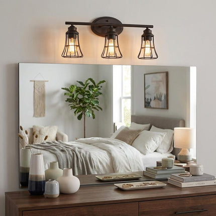 Three Light Bronze Cage Wall Light HomeRoots