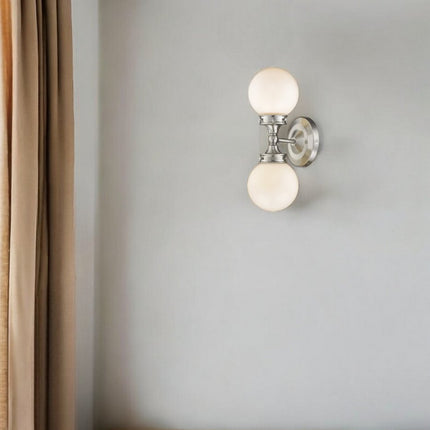 Two Light Silver Wall Sconce with Round Frosted Glass Shade