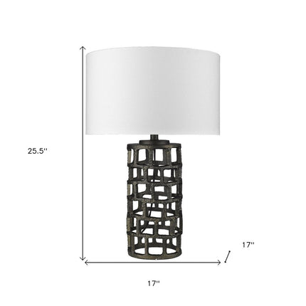 26" Black Metal Column Table Lamp With White Drum Shade HomeRoots