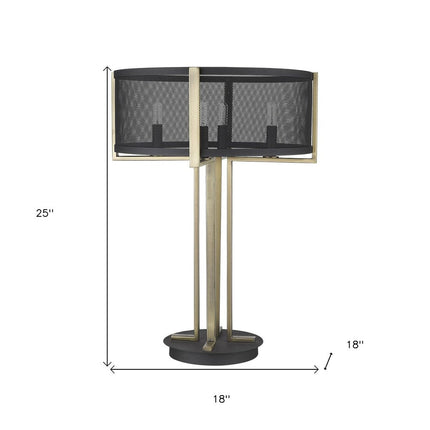 25" Brass Metal Four Light Geometric Table Lamp With Black Drum Shade HomeRoots