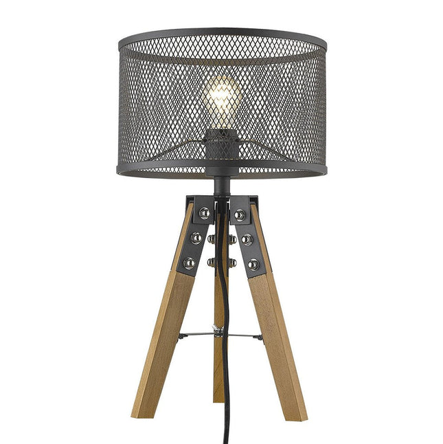 20" Brown Solid Wood Tripod Table Lamp With Black Drum Shade HomeRoots