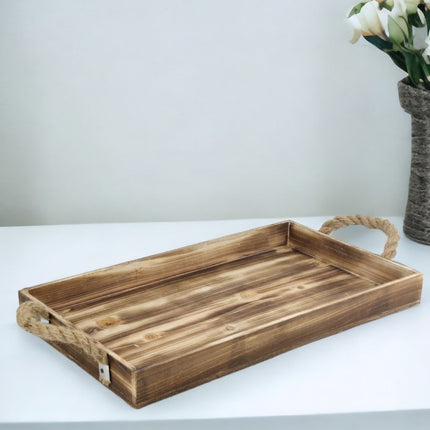 20" Brown Distressed Wood Handmade Serving Tray With Rope Handles