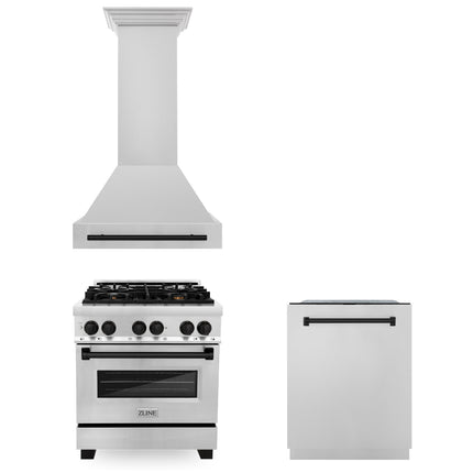 ZLINE 30" Autograph Edition Kitchen Package with Stainless Steel Dual Fuel Range, Range Hood and Dishwasher with Matte Black Accents (3AKP-RARHDWM30-MB)