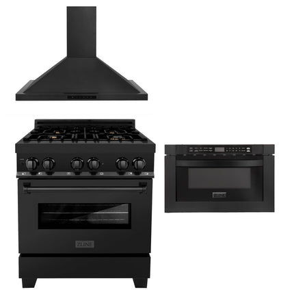 ZLINE 30 in. Kitchen Package with Black Stainless Steel Dual Fuel Range, Convertible Vent Range Hood and Microwave Drawer (3KP-RABRH30-MW)