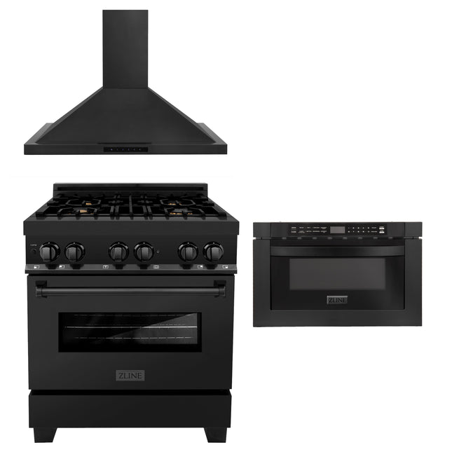 ZLINE 30 in. Kitchen Package with Black Stainless Steel Dual Fuel Range, Convertible Vent Range Hood and Microwave Drawer (3KP-RABRH30-MW) Zline Appliances