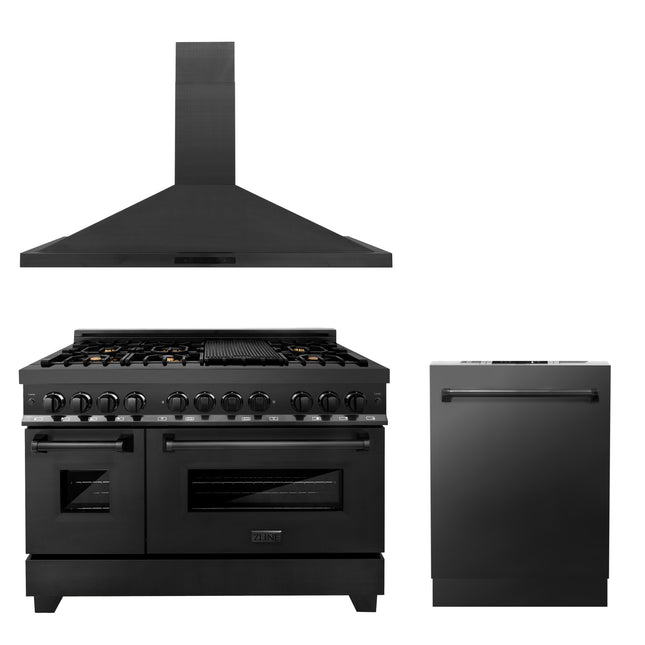 ZLINE 48 in. Kitchen Package with Black Stainless Steel Dual Fuel Range, Convertible Vent Range Hood and Dishwasher (3KP-RABRH48-DW) Zline Appliances