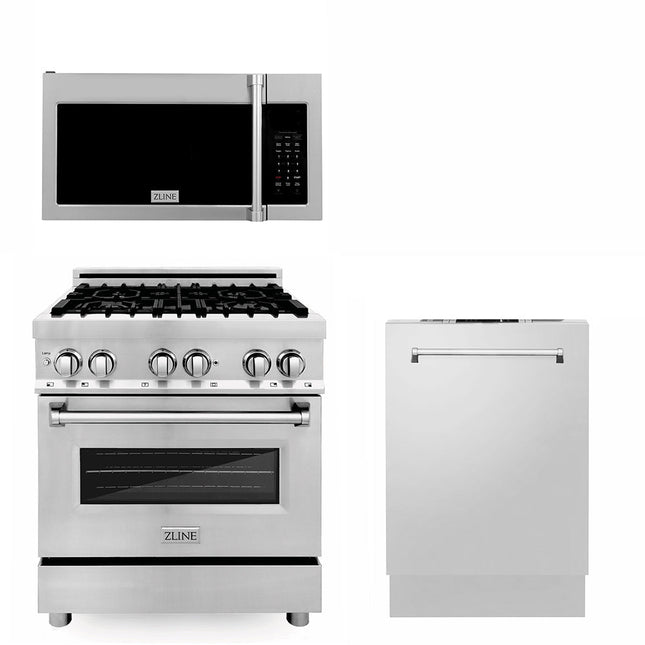 ZLINE 30 in. Kitchen Package with Stainless Steel Dual Fuel Range, Traditional Over The Range Microwave and Tall Tub Dishwasher (3KP-RAOTRH30-DWV) Zline Appliances