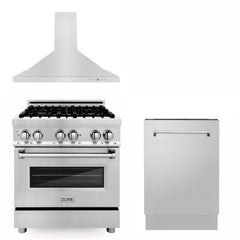 ZLINE 30 in. Kitchen Package with Stainless Steel Dual Fuel Range, Convertible Vent Range Hood and Dishwasher (3KP-RARH30-DW) Zline Appliances