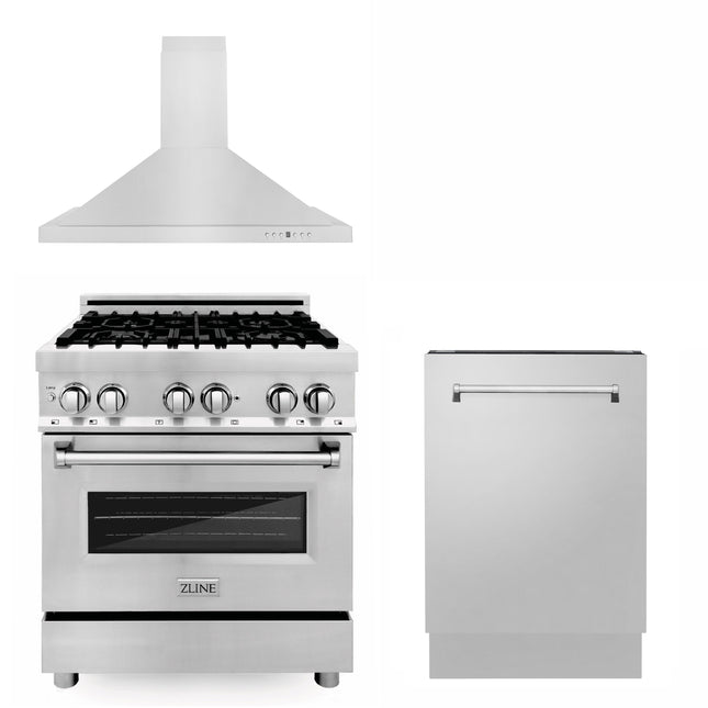 ZLINE 30 in. Kitchen Package with Stainless Steel Dual Fuel Range, Convertible Vent Range Hood and Dishwasher (3KP-RARH30-DW) Zline Appliances