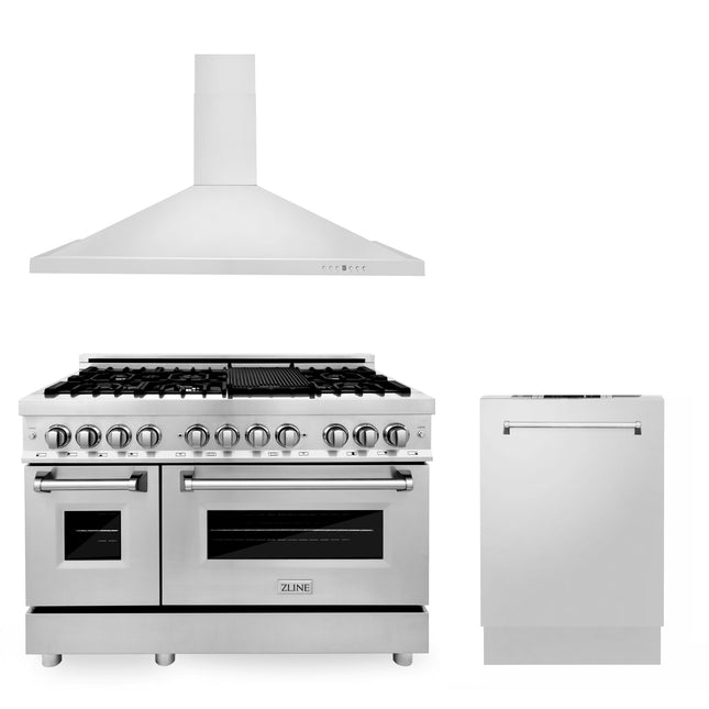 ZLINE 48 in. Kitchen Package with Stainless Steel Dual Fuel Range, Convertible Vent Range Hood and Dishwasher (3KP-RARH48-DW) Zline Appliances