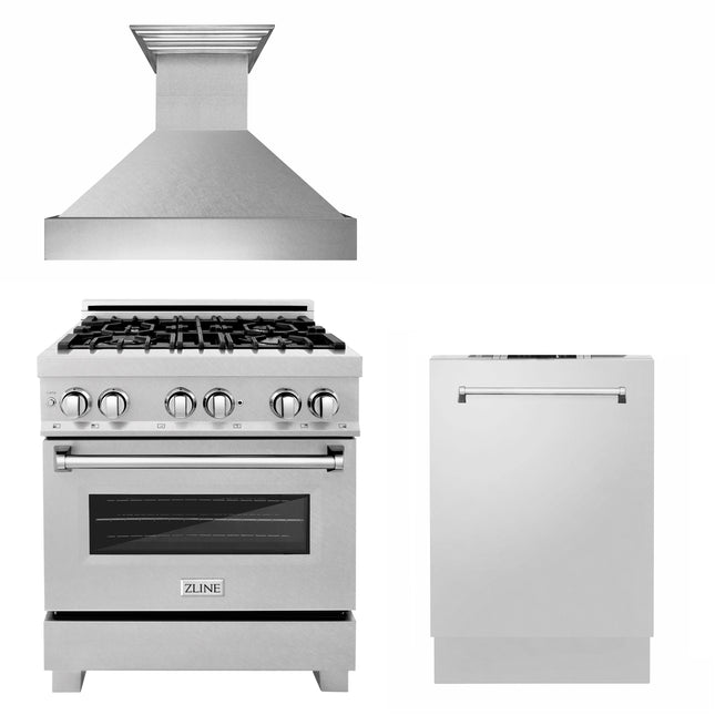 ZLINE 30 in. Kitchen Package with Satin Stainless Dual Fuel Range, Ducted Vent Range Hood and Dishwasher Zline Appliances