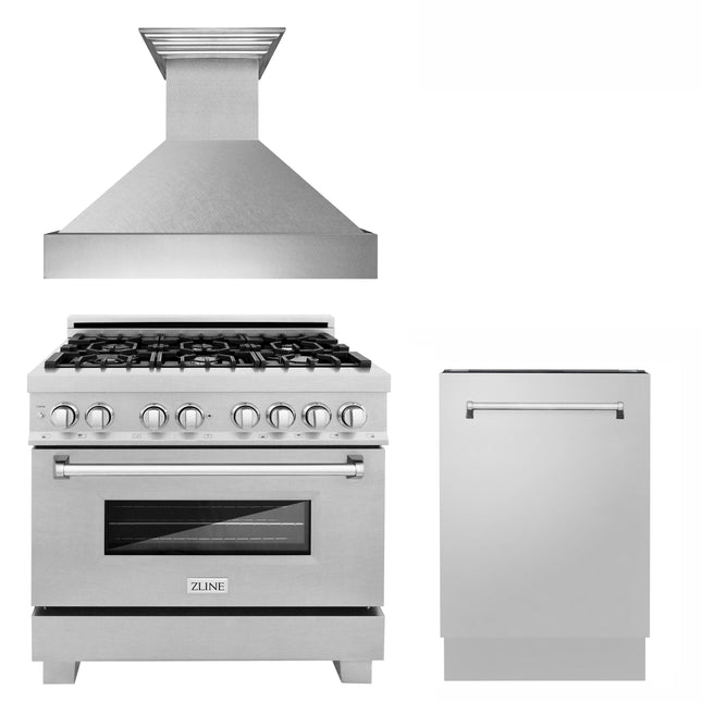 ZLINE 36 in. Kitchen Package with Satin Stainless Dual Fuel Range, Ducted Vent Range Hood and Tall Tub Dishwasher Zline Appliances