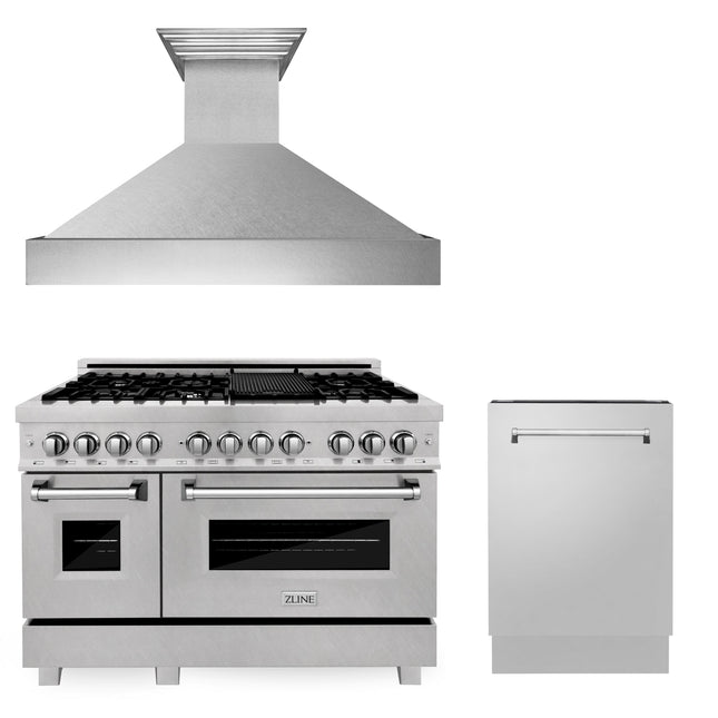 ZLINE 48 in. Kitchen Package with Satin Stainless Dual Fuel Range, Ducted Vent Range Hood and Tall Tub Dishwasher Zline Appliances