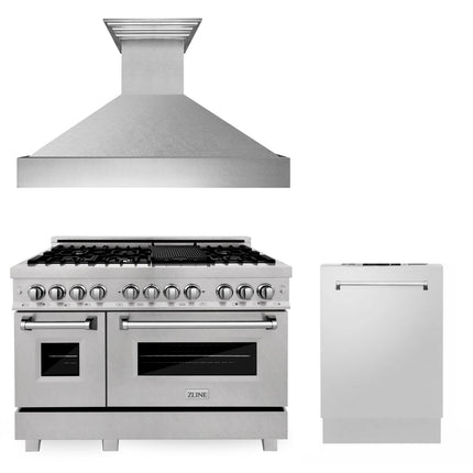 ZLINE 48 in. Kitchen Package with Satin Stainless Dual Fuel Range, Ducted Vent Range Hood and Dishwasher