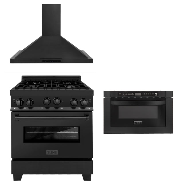 ZLINE 30 in. Kitchen Package with Black Stainless Steel Gas Range, Convertible Vent Range Hood and Microwave Drawer(3KP-RGBRH30-MW) Zline Appliances