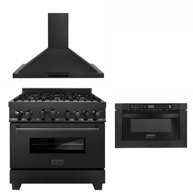 ZLINE 36 in. Kitchen Package with Black Stainless Steel Gas Range, Convertible Vent Range Hood and Microwave Drawer(3KP-RGBRH36-MW) Zline Appliances