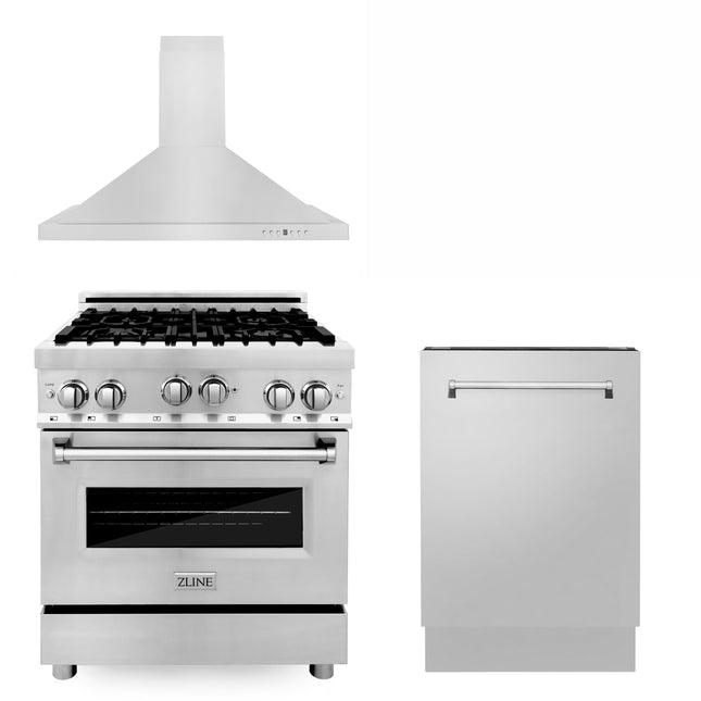 ZLINE 30 in. Kitchen Package with Stainless Steel Gas Range, Convertible Vent Range Hood and Tall Tub Dishwasher (3KP-RGRH30-DWV) Zline Appliances
