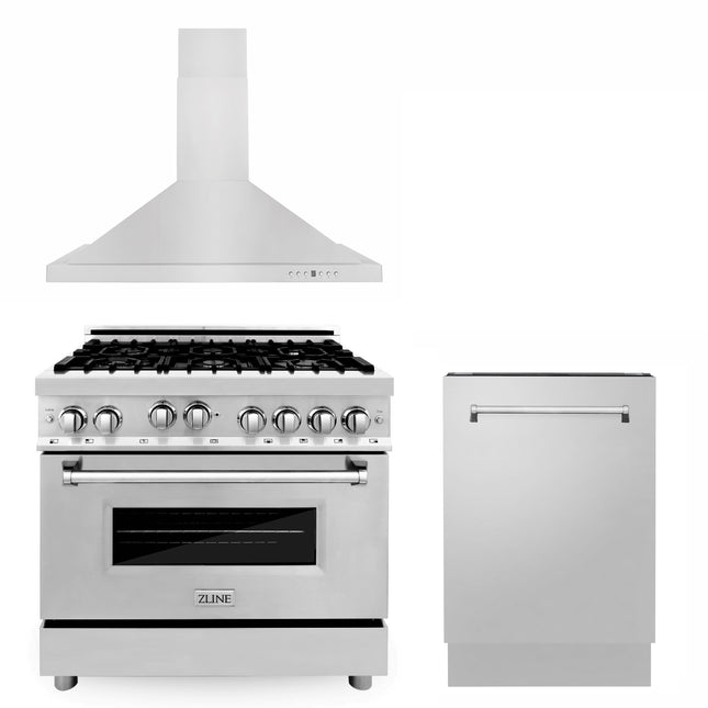 ZLINE 36 in. Kitchen Package with Stainless Steel Gas Range, Convertible Vent Range Hood and Tall Tub Dishwasher(3KP-RGRH36-DWV) Zline Appliances