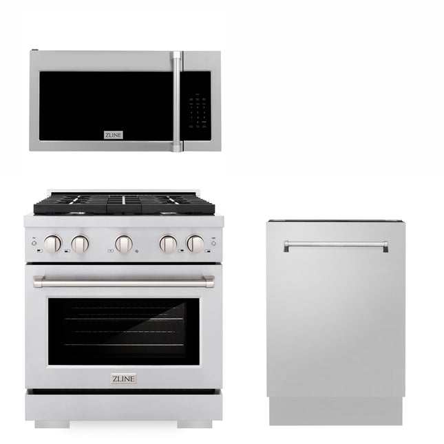 ZLINE 30" Kitchen Package with Stainless Steel GAs Range, Traditional Over The Range Microwave and Tall Tub Dishwasher (3KP-SGROTRH30-DWV) Plaza Home Decor