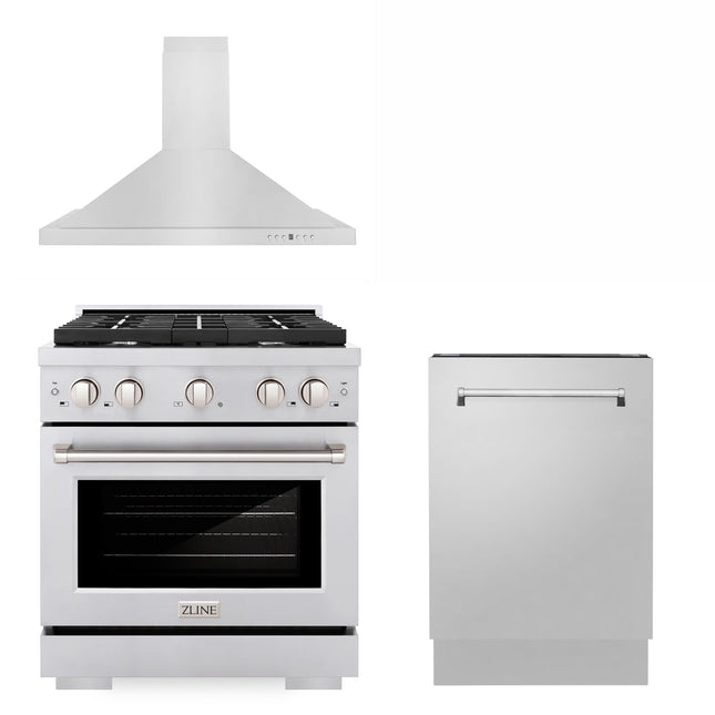ZLINE 30" Kitchen Package with Stainless Steel Gas Range, Convertible Vent Range Hood and Tall Tub Dishwasher (3KP-SGRRH30-DWV) Plaza Home Decor