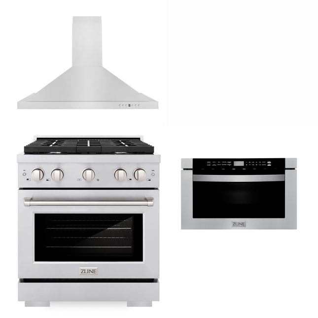 ZLINE 30" Kitchen Package with Stainless Steel Gas Range, Convertible Vent Range Hood and Microwave Drawer (3KP-SGRRH30-MW) Plaza Home Decor