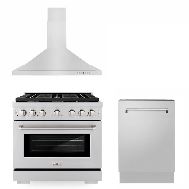 ZLINE 36" Kitchen Package with Stainless Steel Gas Range, Convertible Vent Range Hood and Tall Tub Dishwasher (3KP-SGRRH36-DWV) Plaza Home Decor