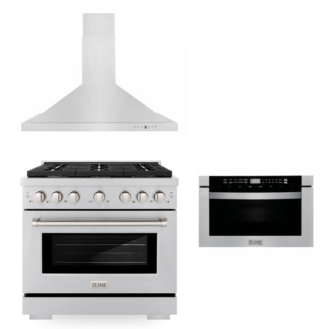 ZLINE 36" Kitchen Package with Stainless Steel Gas Range, Convertible Vent Range Hood and Microwave Drawer (3KP-SGRRH36-MW) Plaza Home Decor