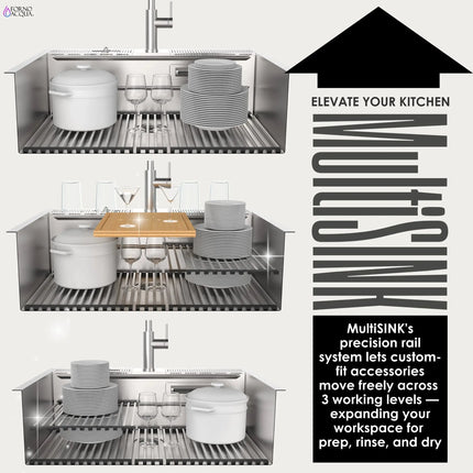 FORNO ACQUA 33 in. Drop-In/Undermount 3-Level Workstation with Retractable Faucet & Glass Rinser FORNO ACQUA