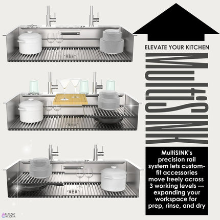 FORNO ACQUA 45 in. Drop-In/Undermount 3-Level Workstation Sink with Two Faucets & Glass Rinser FORNO ACQUA