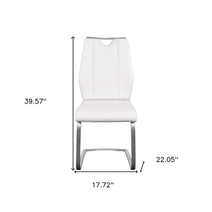 Set of Two White and Silver Upholstered Leather Dining Side Chairs
