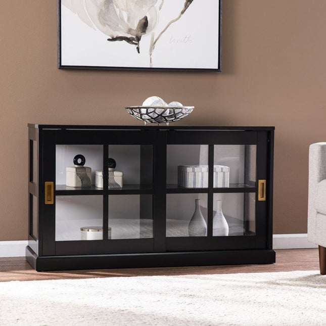 48" Black Sideboard with Two Glass Sliding Doors HomeRoots