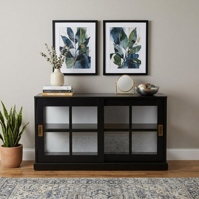 48" Black Sideboard with Two Glass Sliding Doors HomeRoots