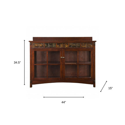 44" Brown Wood With Glass Sideboard with Two Doors HomeRoots
