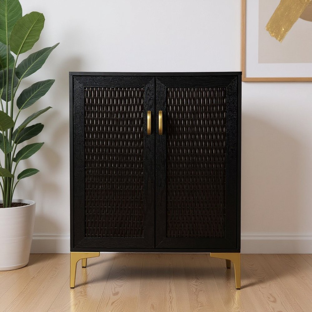 Modern Rustic Black Gold and Faux Rattan Bar Cabinet