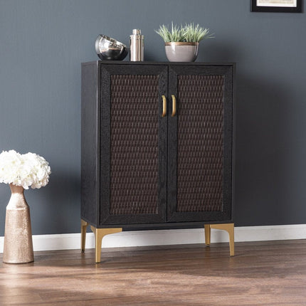 Modern Rustic Black Gold and Faux Rattan Bar Cabinet HomeRoots