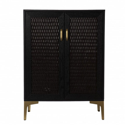Modern Rustic Black Gold and Faux Rattan Bar Cabinet HomeRoots