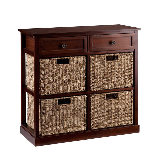 Mahogany and Seagrass Basket Storage Shelving Unit HomeRoots
