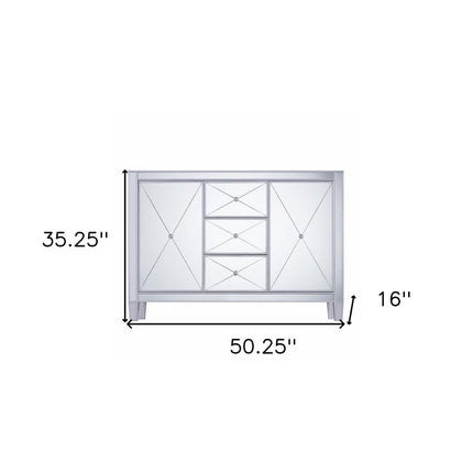 50" Silver Wood and Glass Three Drawer Credenza with Two Doors HomeRoots