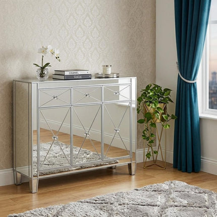 40" Silver Glass Three Drawer Sideboard with Three Doors HomeRoots