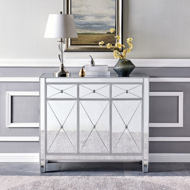 40" Silver Glass Three Drawer Sideboard with Three Doors HomeRoots