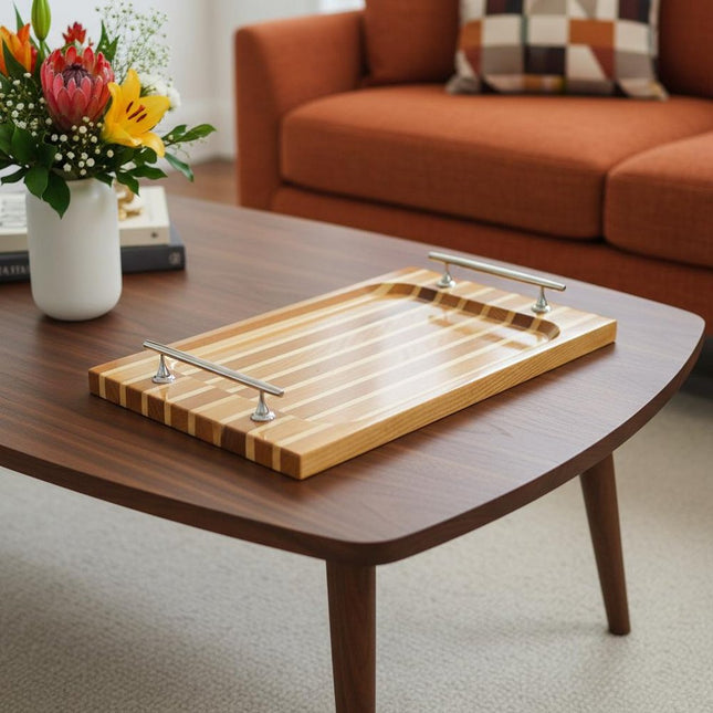 15" Brown And Natural Solid Wood Striped Serving Tray With Handles HomeRoots