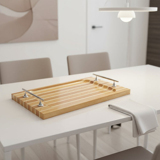 15" Brown And Natural Solid Wood Striped Serving Tray With Handles HomeRoots