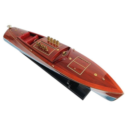 9" Blue and Brown Solid Wood Hand Painted Model Boat Tabletop Sculpture HomeRoots