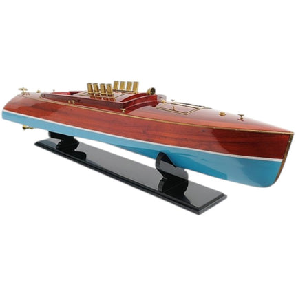 9" Blue and Brown Solid Wood Hand Painted Model Boat Tabletop Sculpture HomeRoots