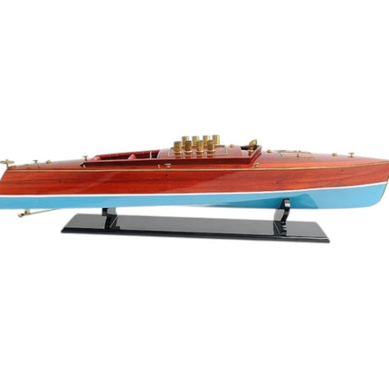 9" Blue and Brown Solid Wood Hand Painted Model Boat Tabletop Sculpture HomeRoots