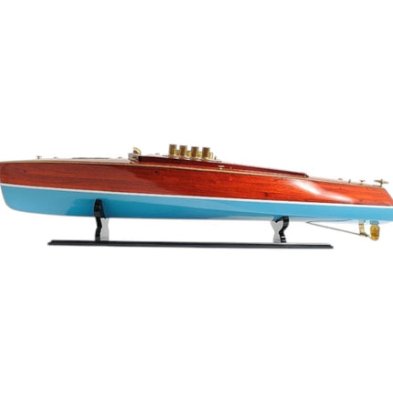 9" Blue and Brown Solid Wood Hand Painted Model Boat Tabletop Sculpture HomeRoots